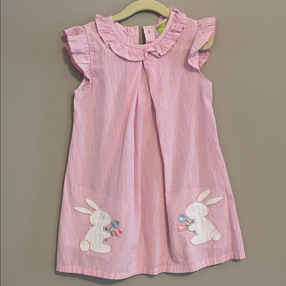 Pink Striped Kids Dress with Bunny Appliqué